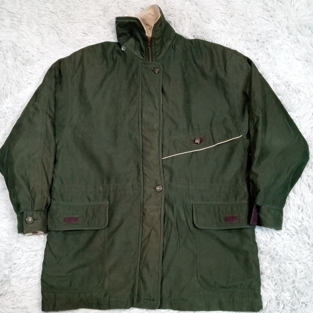 Larry Levine Womens Jacket Coat Sport Green M Zip Button Lined Removable Hood